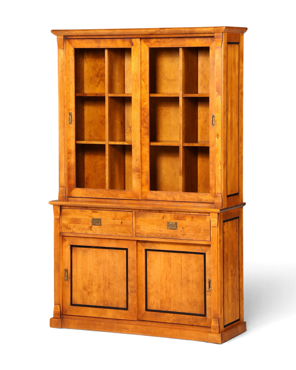 Hauptstadt Möblerei Vitrinenschrank aus honigfarbenem Holz mit zwei Glastüren, zwei Schubladen und zwei Schranktüren