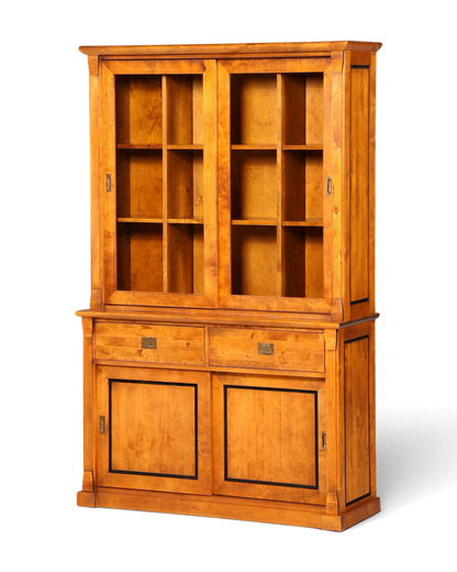 Hauptstadt Möblerei Vitrinenschrank aus honigfarbenem Holz mit zwei Glastüren, zwei Schubladen und zwei Schranktüren