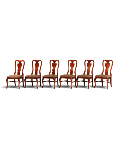 Sechs edle Hauptstadt Möblerei Drexel Heritage Esszimmerstühle im Chippendale Stil aus Holz mit gemustertem Stoffbezug