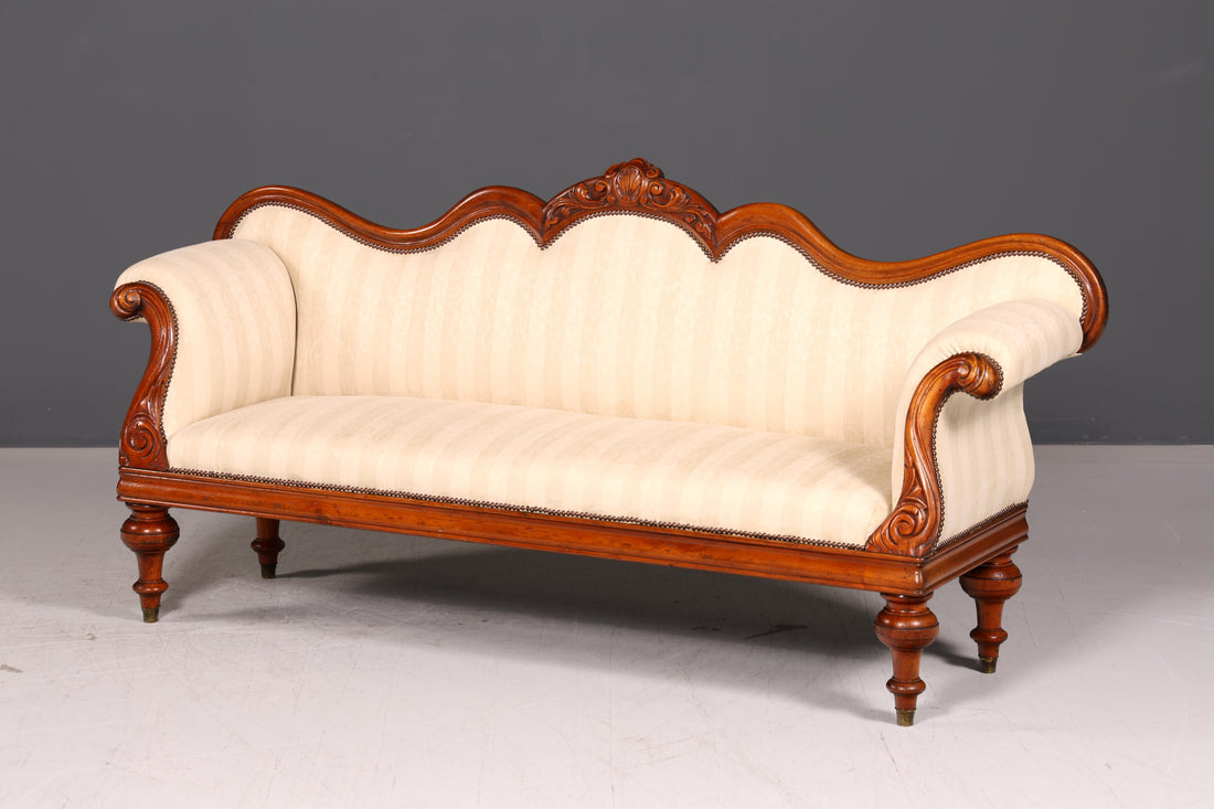 Beautiful Original Biedermeier Sofa Antique Louis Philippe Couch 3-seater Cream Striped Upholstered Sofa Récamier
