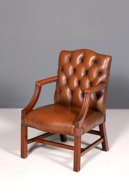 Wunderschöner Original Chesterfield Armlehnstuhl Braun Echt Leder Englisch Herrensessel Sekretär Stuhl Schreibtischstuhl Bürostuhl Antik 1 von 2