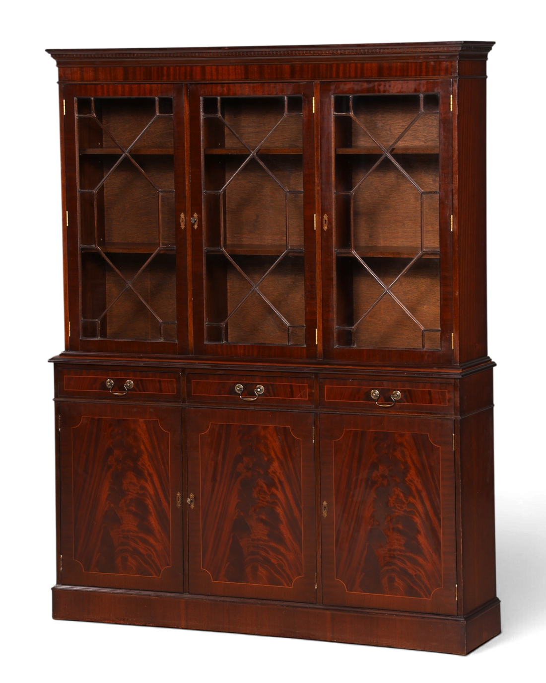 Hauptstadt Möblerei englische Mahagoni Vitrine aus den 60ern mit verglasten Türen und Schubladen im Vintage Stil
