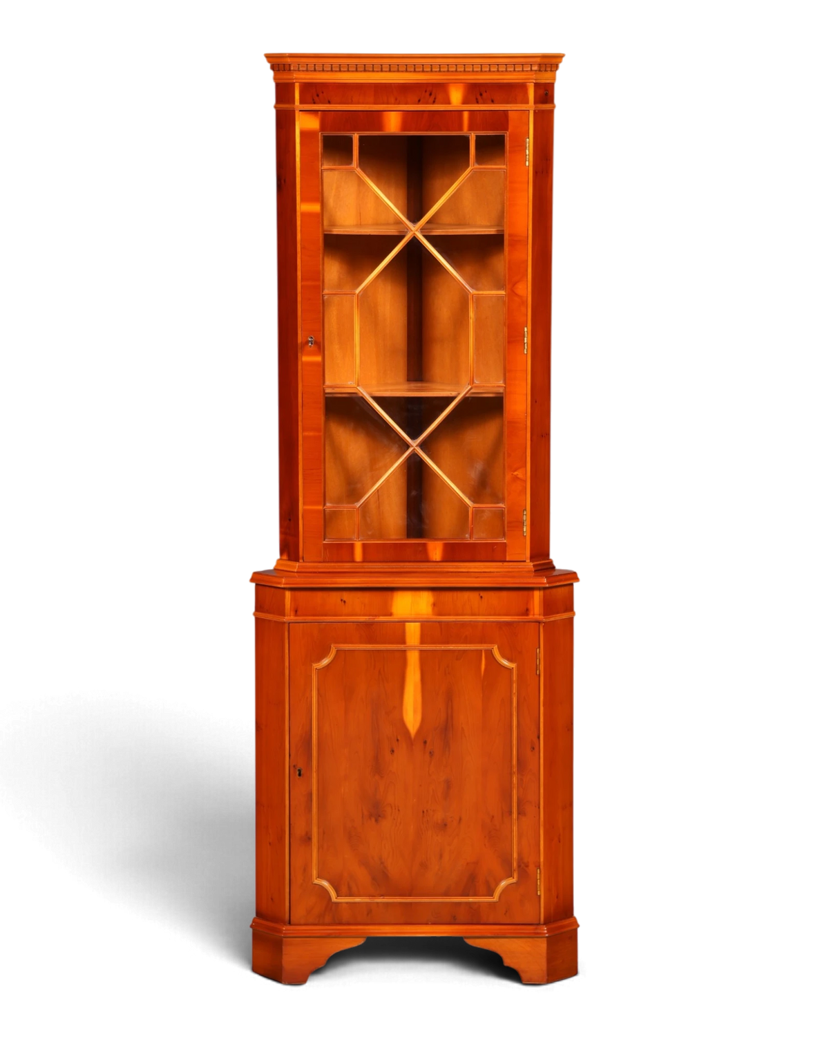 Magnifique vitrine d’angle anglaise en if, meuble d’angle vitré à porte à croisillons, en bois massif, vintage