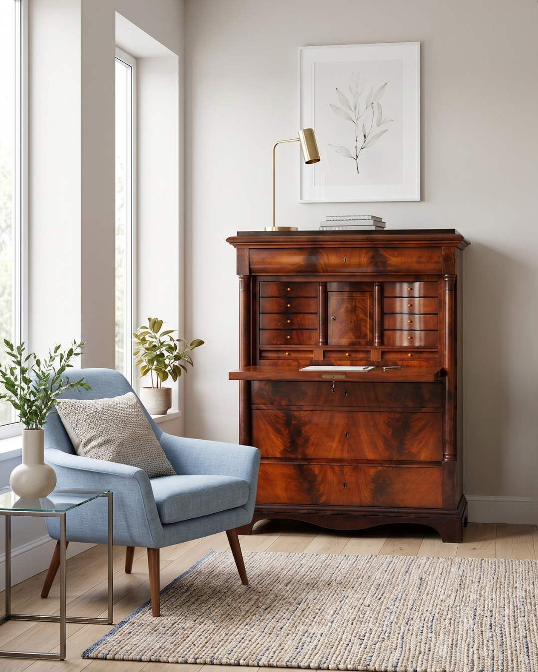 Beau secrétaire Biedermeier, style Gründerzeit, vertiko, commode antique, bureau d&