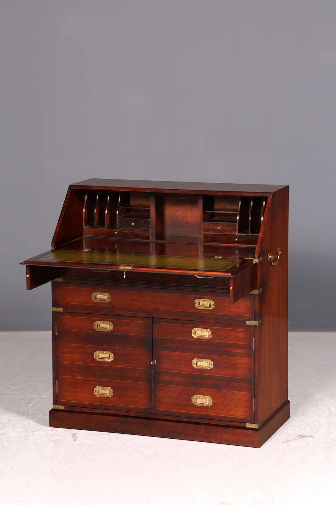 Beautiful maritime secretary English writing chest genuine leather top desk colonial antique vintage
