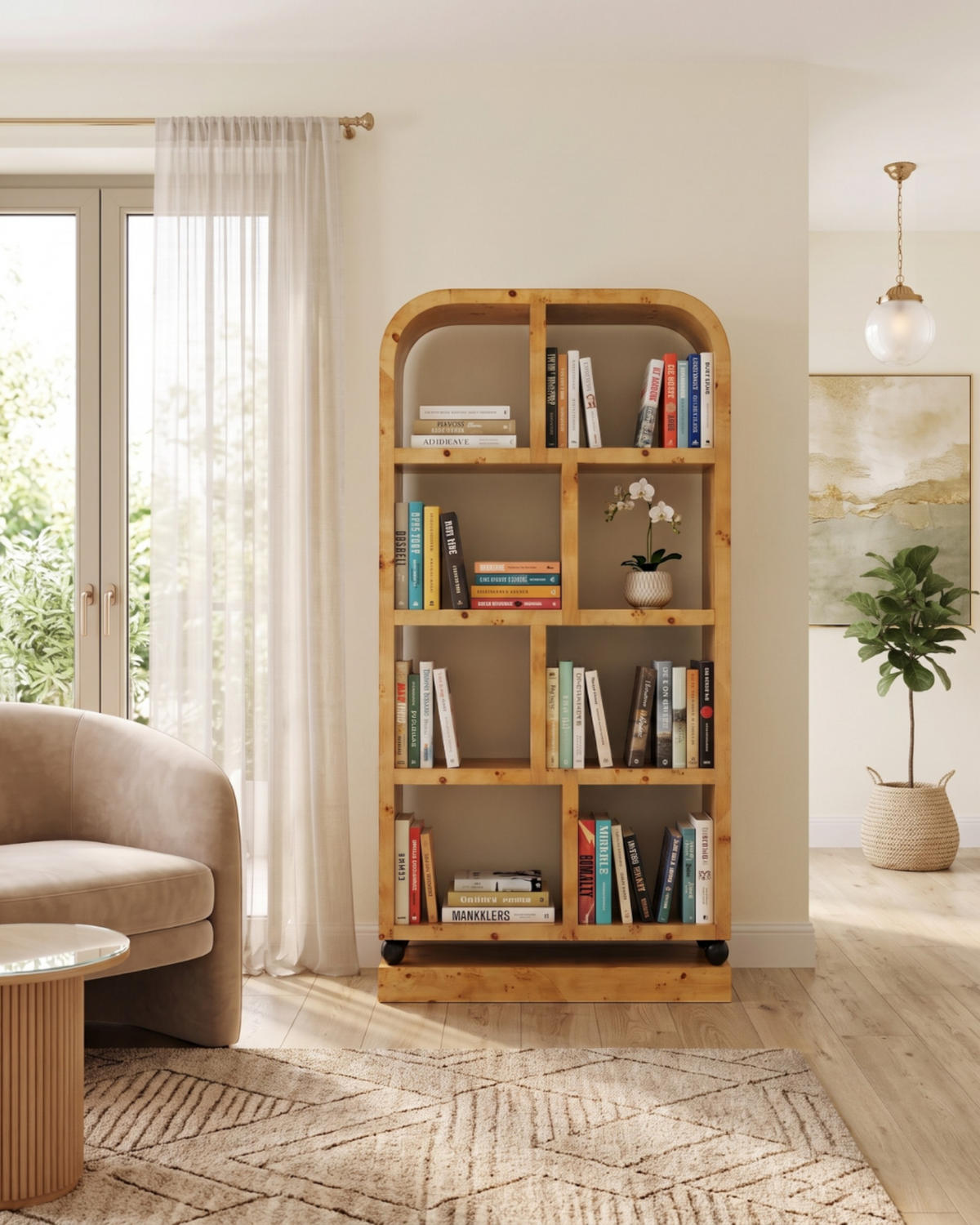 Hauptstadt Möblerei Art Deco Bücherregal aus hellem Birkenholz mit abgerundetem Design in einem eleganten Wohnzimmer