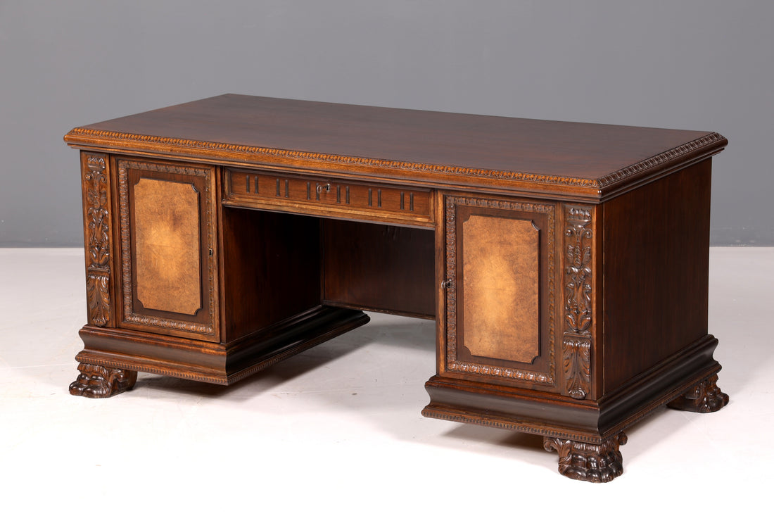 Impressive Neo-Renaissance desk for a gentleman’s room, antique office table, real wood, vintage