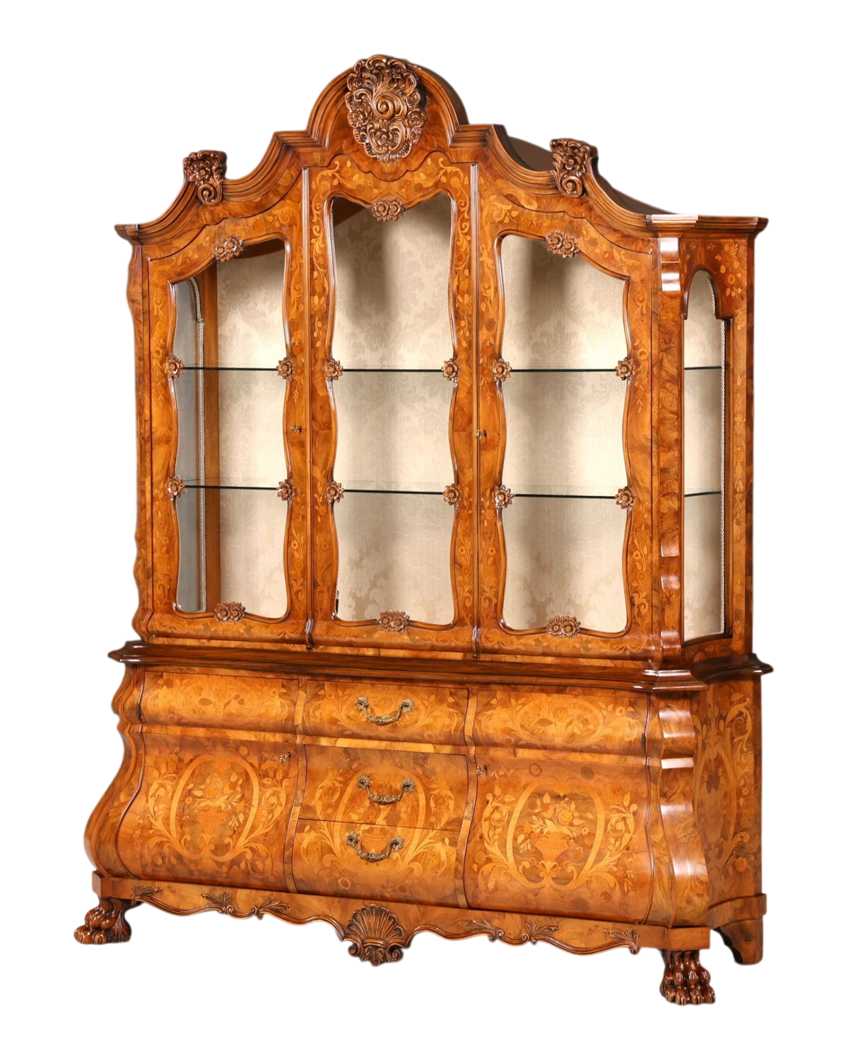 Magnifique vitrine baroque hollandaise, meuble des Pays-Bas avec marqueterie et pieds en patte de lion, XXL, vaisselier vitrine