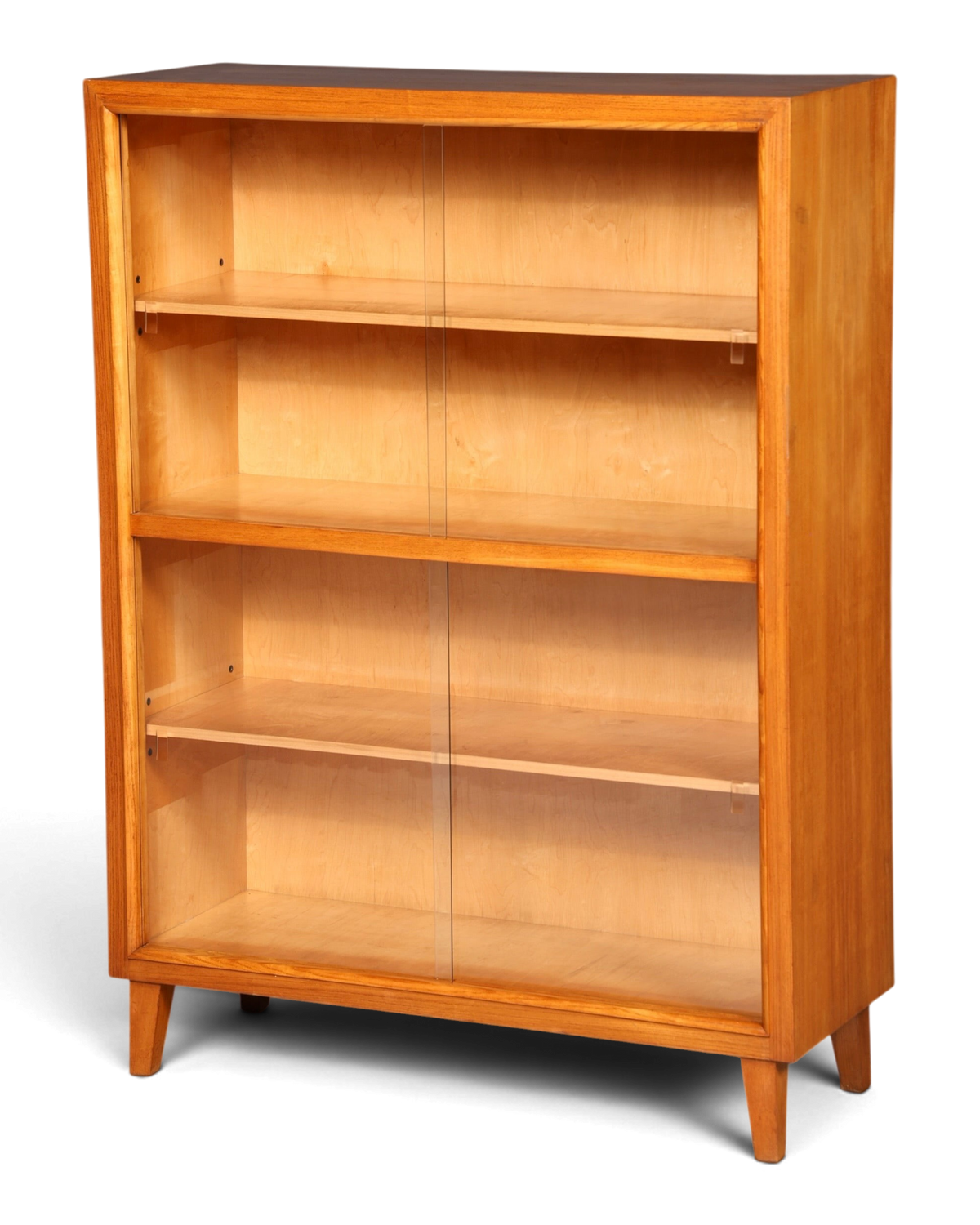 Hauptstadt Möblerei Bücherregal aus hellem Holz mit zwei Glas-Schiebetüren und vier Fächern im Mid-Century-Stil
