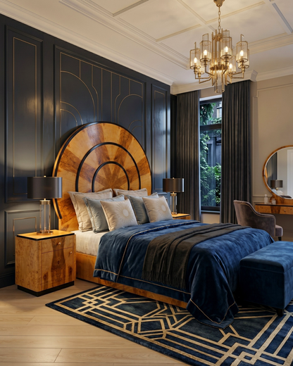 Außergewöhnliches Art Deco Stil Bettgestell "Sun" Birke Schlafzimmer Doppelbett Massivholz Handgefertigt