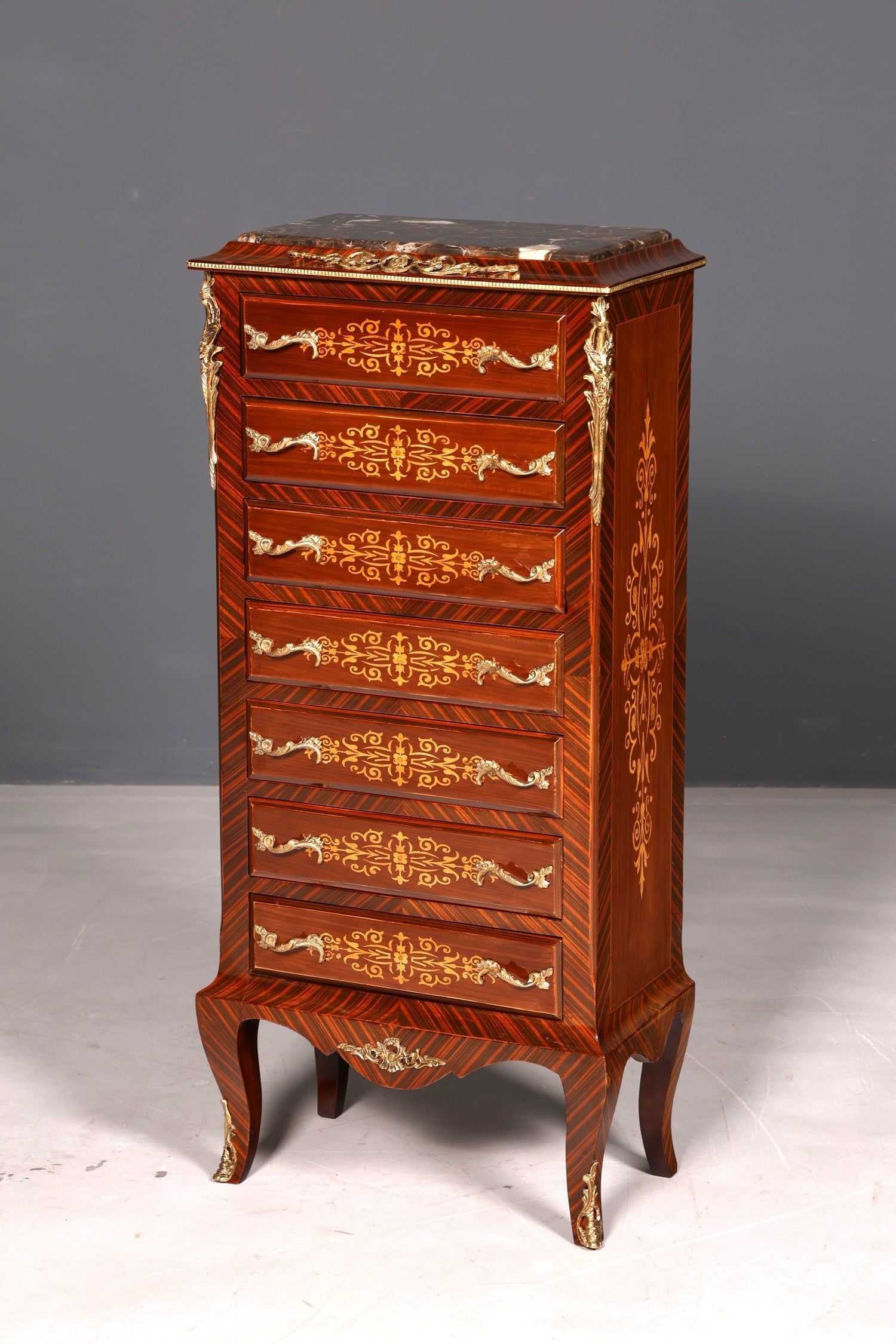 Magnifique buffet haut de style baroque Louis XV, marbre, vertiko, commode marquetée