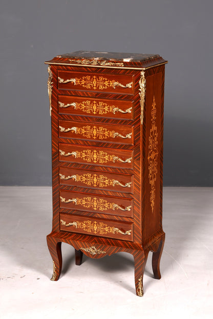 Magnifique buffet haut de style baroque Louis XV, marbre, vertiko, commode marquetée