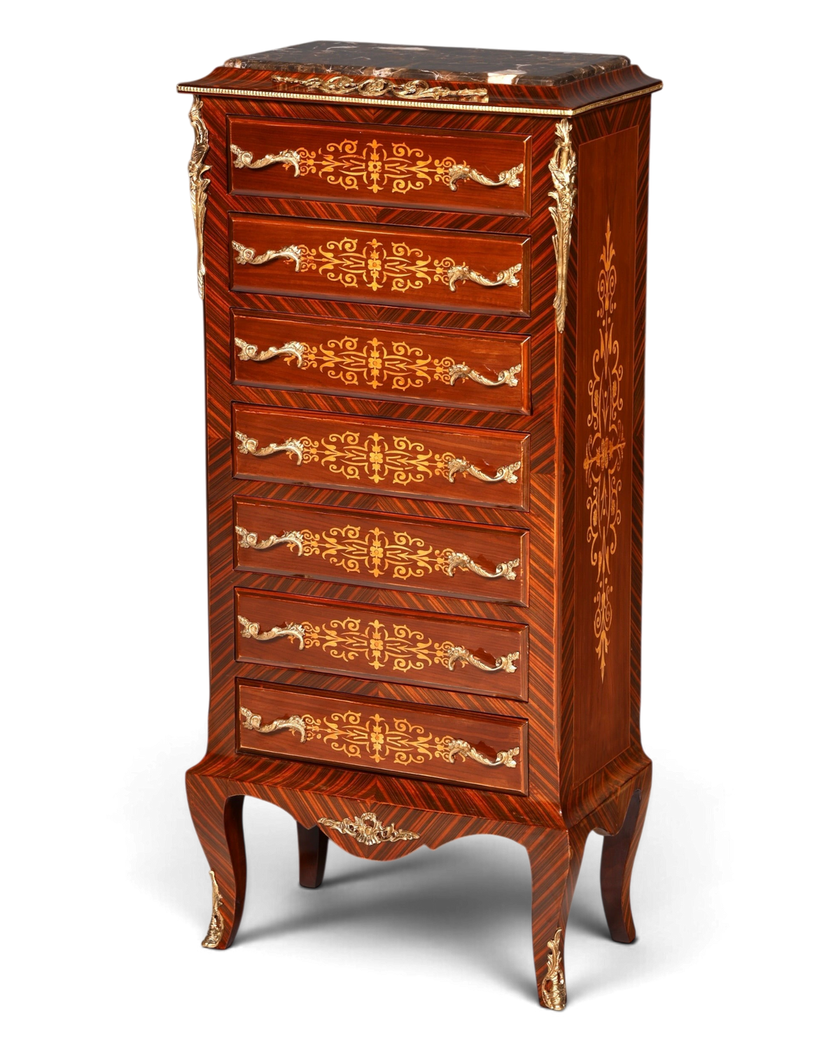 Hauptstadt Möblerei Barock Highboard im Louis XV Stil mit sieben Schubladen, Intarsien und edler Marmorplatte