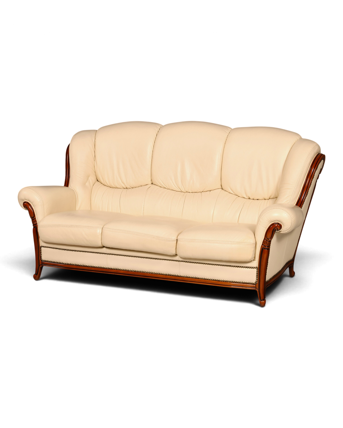 Hauptstadt Möblerei Dreisitzer-Sofa in Creme mit hochwertigem Lederbezug und elegantem dunklem Holzrahmen