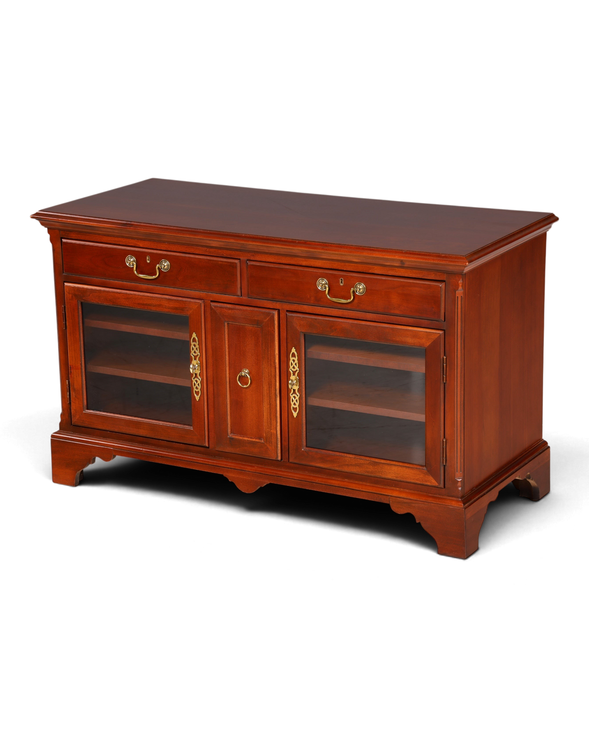 Hauptstadt Möblerei H867 Sideboard aus dunklem Holz mit zwei Schubladen, Glastüren und antiken Messingbeschlägen