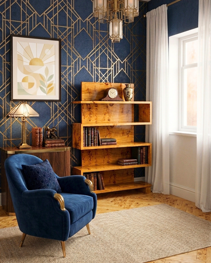Bibliothèque en bouleau de style Art Déco onirique, meuble de luxe, étagère culte.