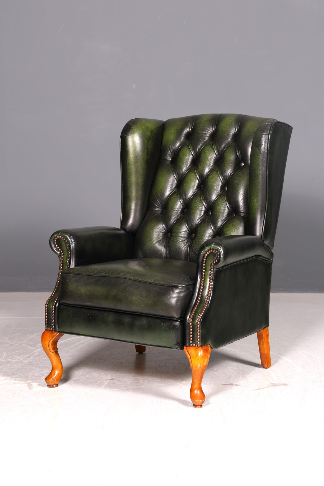 Original Chesterfield Queen Anne wingback chair green English leather gentleman&