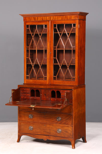 Magnifique secrétaire anglais à abattant avec partie supérieure, secrétaire ancien, bibliothèque vitrine en acajou, meuble de bureau, Royaume-Uni