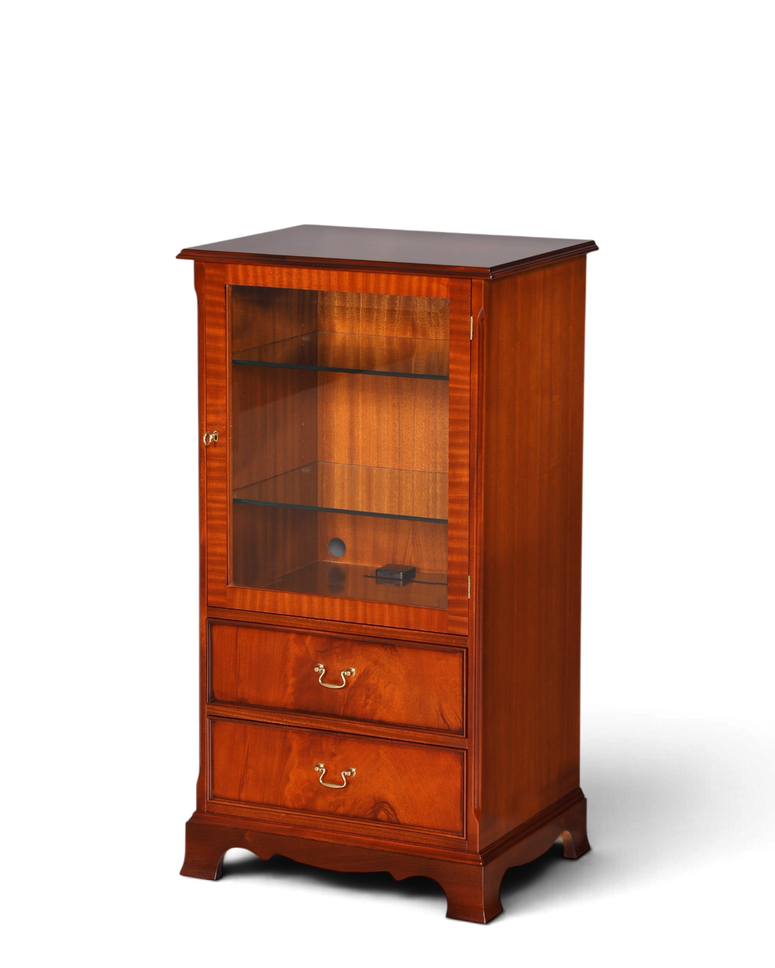 Hauptstadt Möblerei englische Mahagoni Vitrine aus den 60er Jahren mit zwei Schubladen und Glasfront