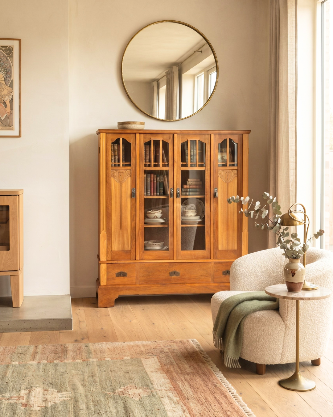 Superbe Vitrine Art nouveau Chêne Bibliothèque Ancienne Armoire Vaisselier Vitrine Vitrée vers 1900 Vintage