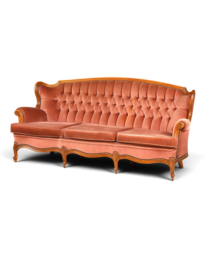 Hauptstadt Möblerei Chippendale 3-Sitzer Sofa in Barock-Stil mit rosafarbenem Samtbezug und Holzrahmen