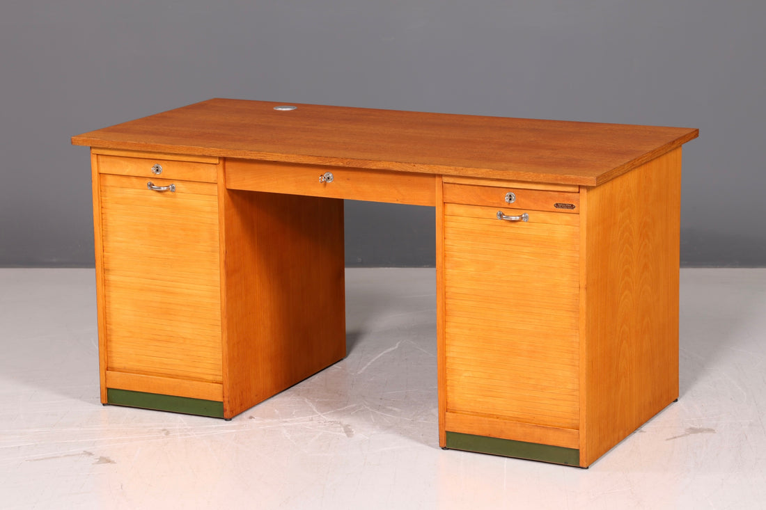 Magnifique Bureau à Rideau Bauhaus Mid Century Bois Véritable Bureau Office Table Vintage