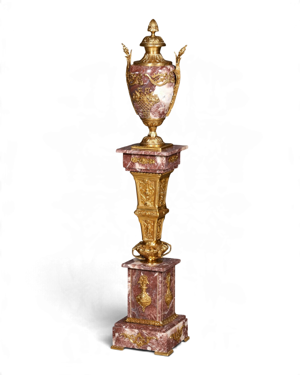 Magnifique colonne de style baroque Louis XV en marbre rouge, colonne à fleurs avec socle et plateau de présentation décoratif