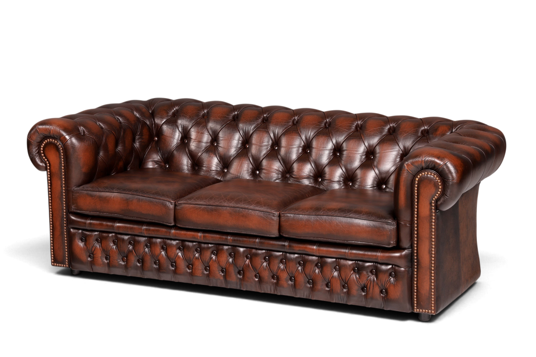 Hauptstadt Möblerei 3-Sitzer Chesterfield Sofa aus braunem Echtleder mit klassischer Knopfheftung und Ziernägeln