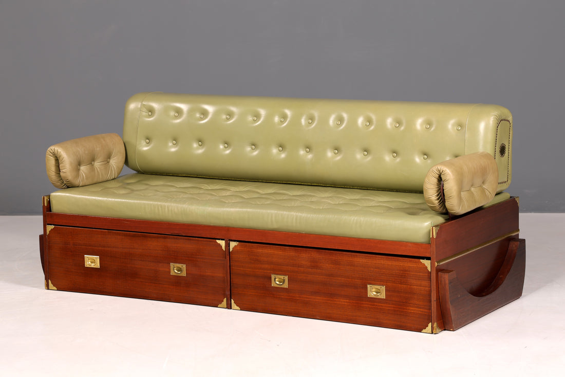 Seltenes Maritim Sofa Daybed Schlafcouch Englischer echt Leder Military Chest Bett Antik