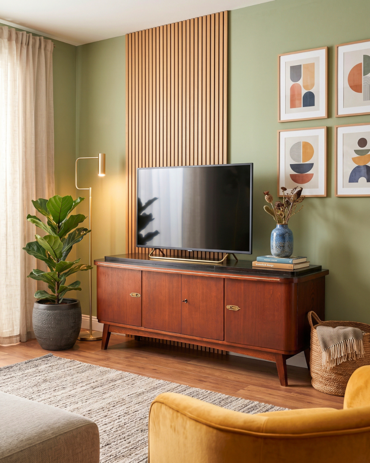 Hauptstadt Möblerei Mid Century Sideboard aus Echtholz als TV-Kommode im Wohnzimmer mit Retro-Design und Messinggriffen