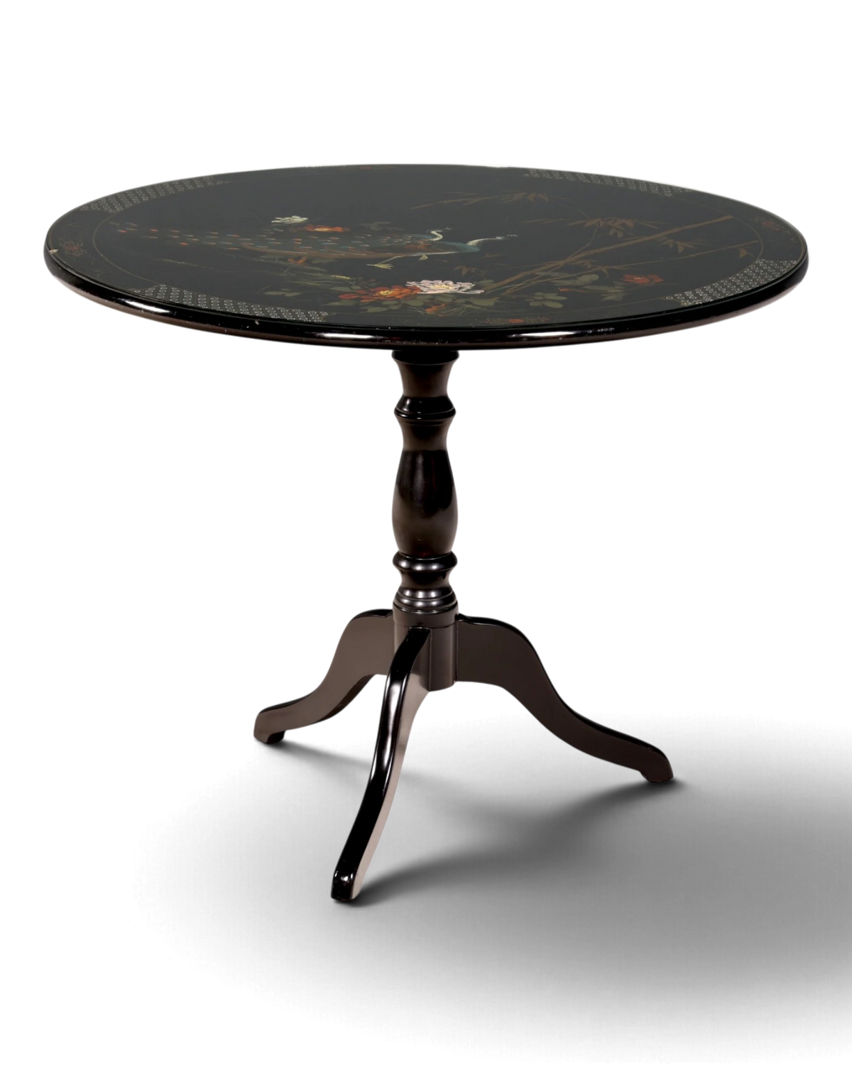 Magnifique table à manger asiatique ronde en laque noire, style chinoiserie, avec motif de paon et plateau en verre