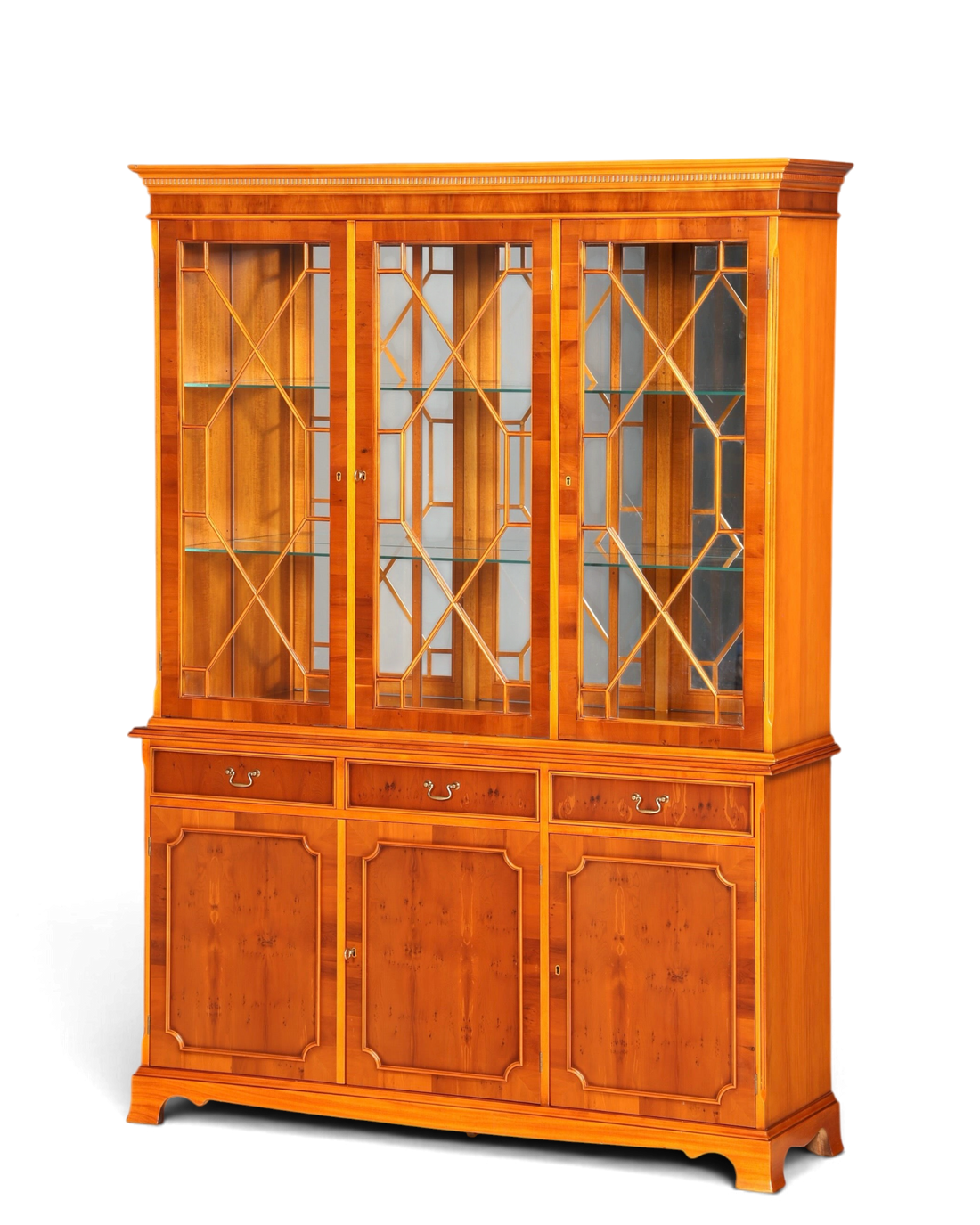 Hauptstadt Möblerei englische Vitrine aus Holzfurnier mit verglasten Türen, Innenbeleuchtung und drei Schubladen