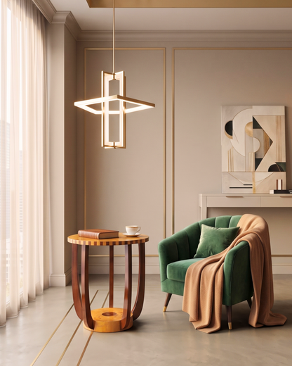 Hauptstadt Möblerei Art Deco Beistelltisch aus Echtholz in einem eleganten Wohnzimmer mit grünem Samtsessel