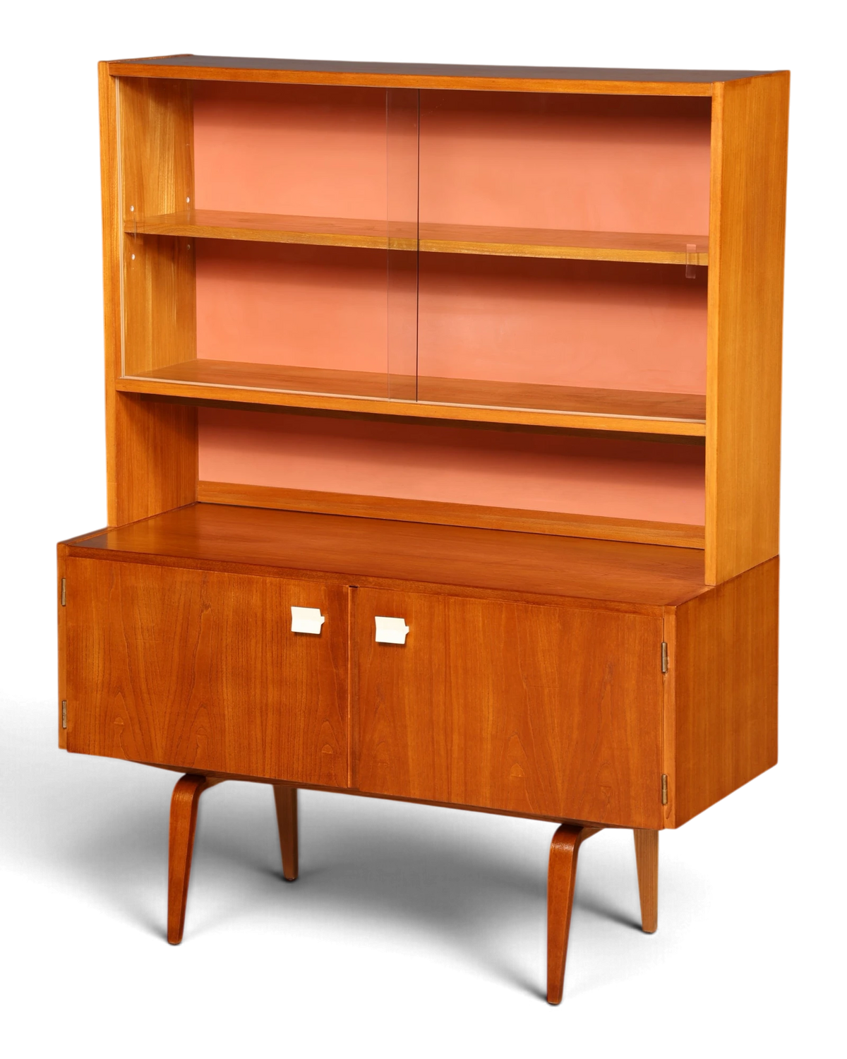 Magnifique vitrine Hellerau originale, modèle 427 Mid Century, buffet avec étagère supérieure, portes coulissantes en verre, orme, highboard Vintage