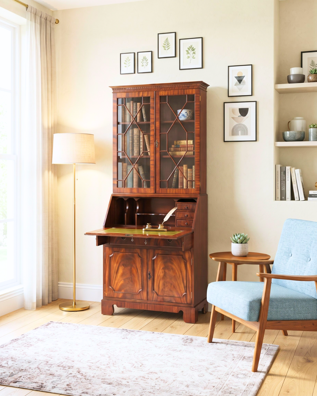 Magnifique secrétaire anglais avec vitrine armoire antique bureau UK années 60  