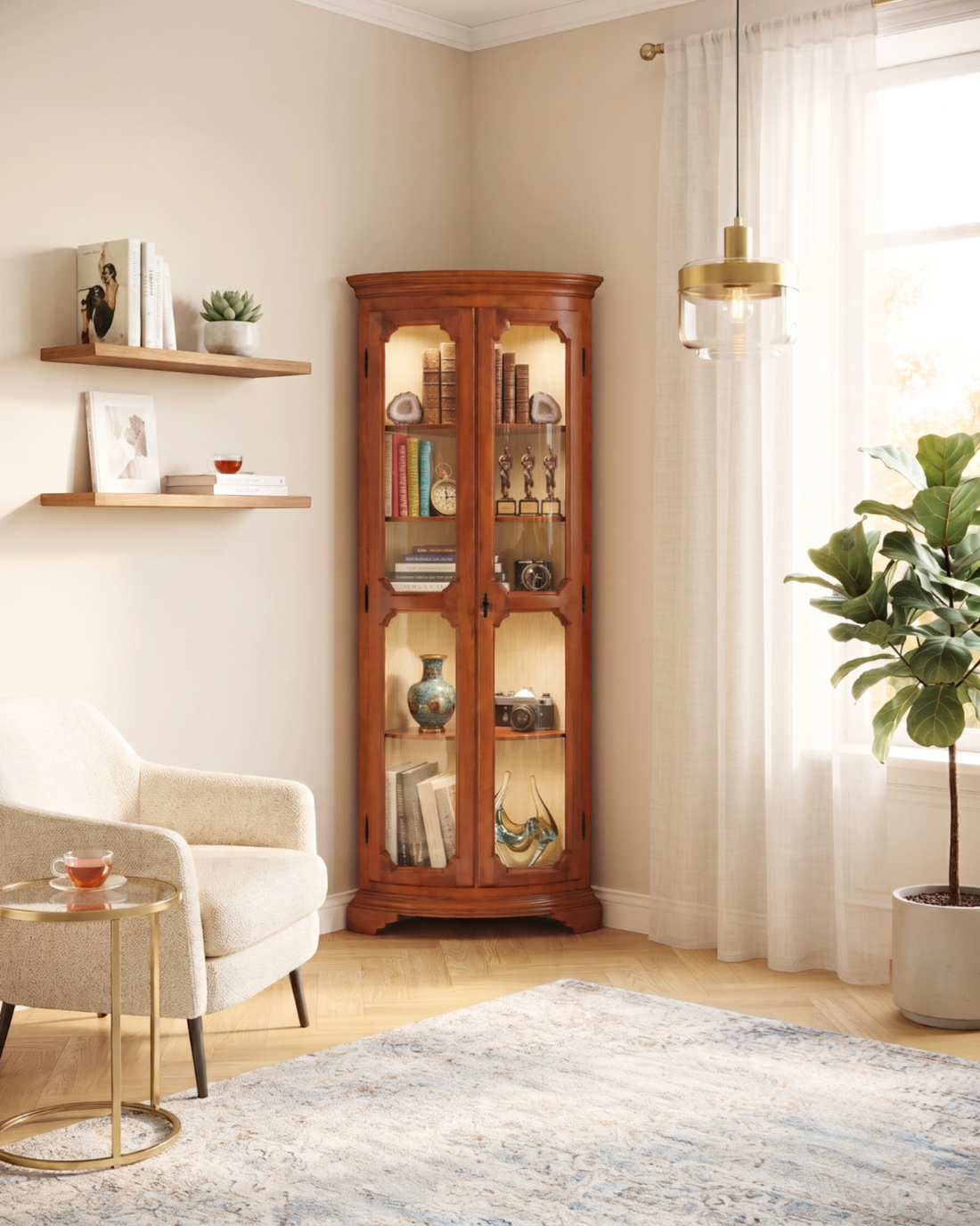 Hauptstadt Möblerei Selva Eckvitrine aus Holz im klassischen italienischen Stil mit Glasfront und Innenbeleuchtung