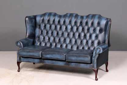 Wunderschönes Original Chesterfield 3-Sitzer Sofa Queen Anne Blau Englische Leder Couch England Polstersofa