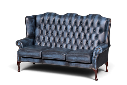 Hauptstadt Möblerei blaues Chesterfield 3-Sitzer Sofa aus Echtleder mit klassischer Knopfheftung und Queen Anne Beinen