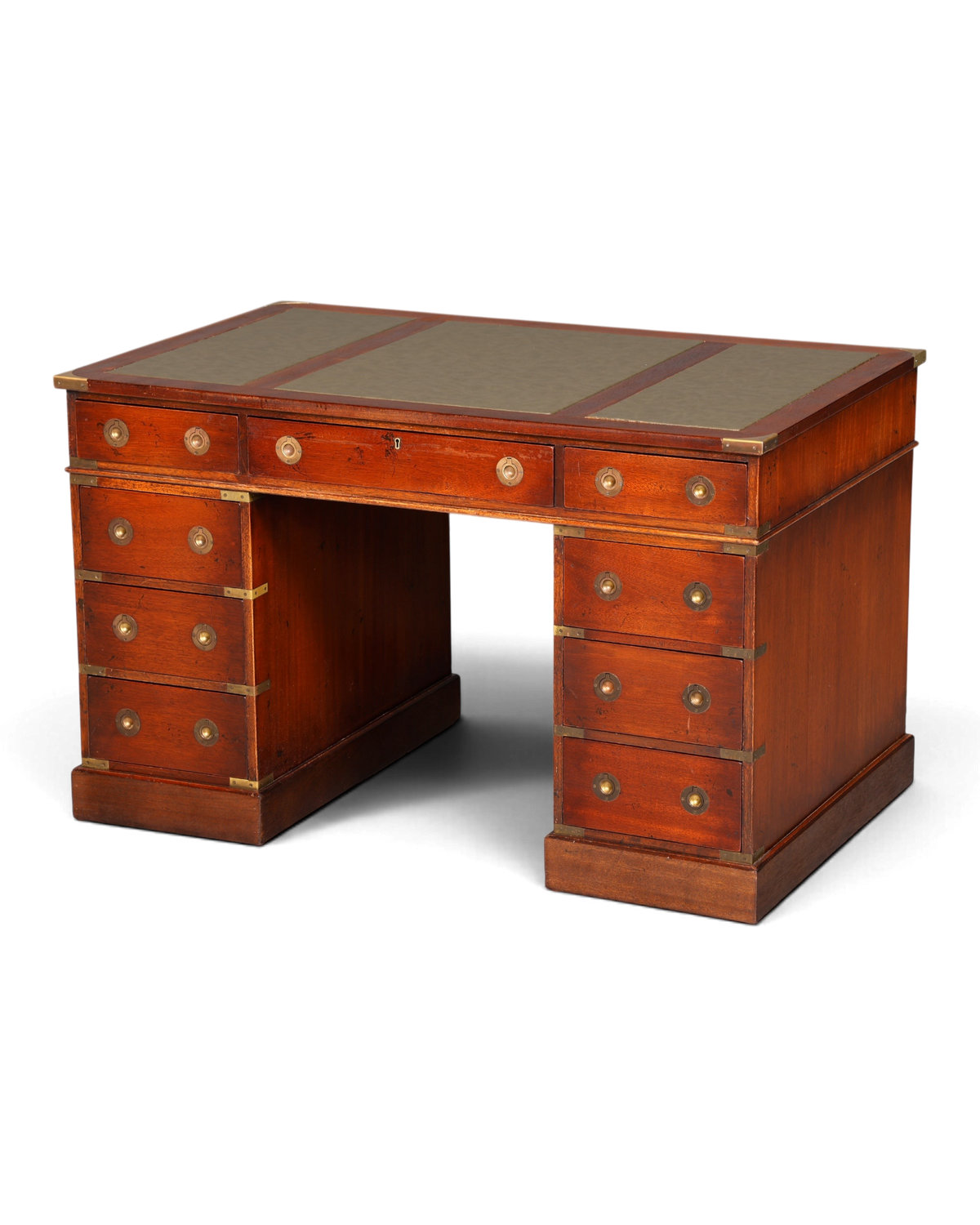 Hauptstadt Möblerei maritimer Schreibtisch aus Echtholz im Military-Chest-Stil mit grüner Lederauflage und Messing