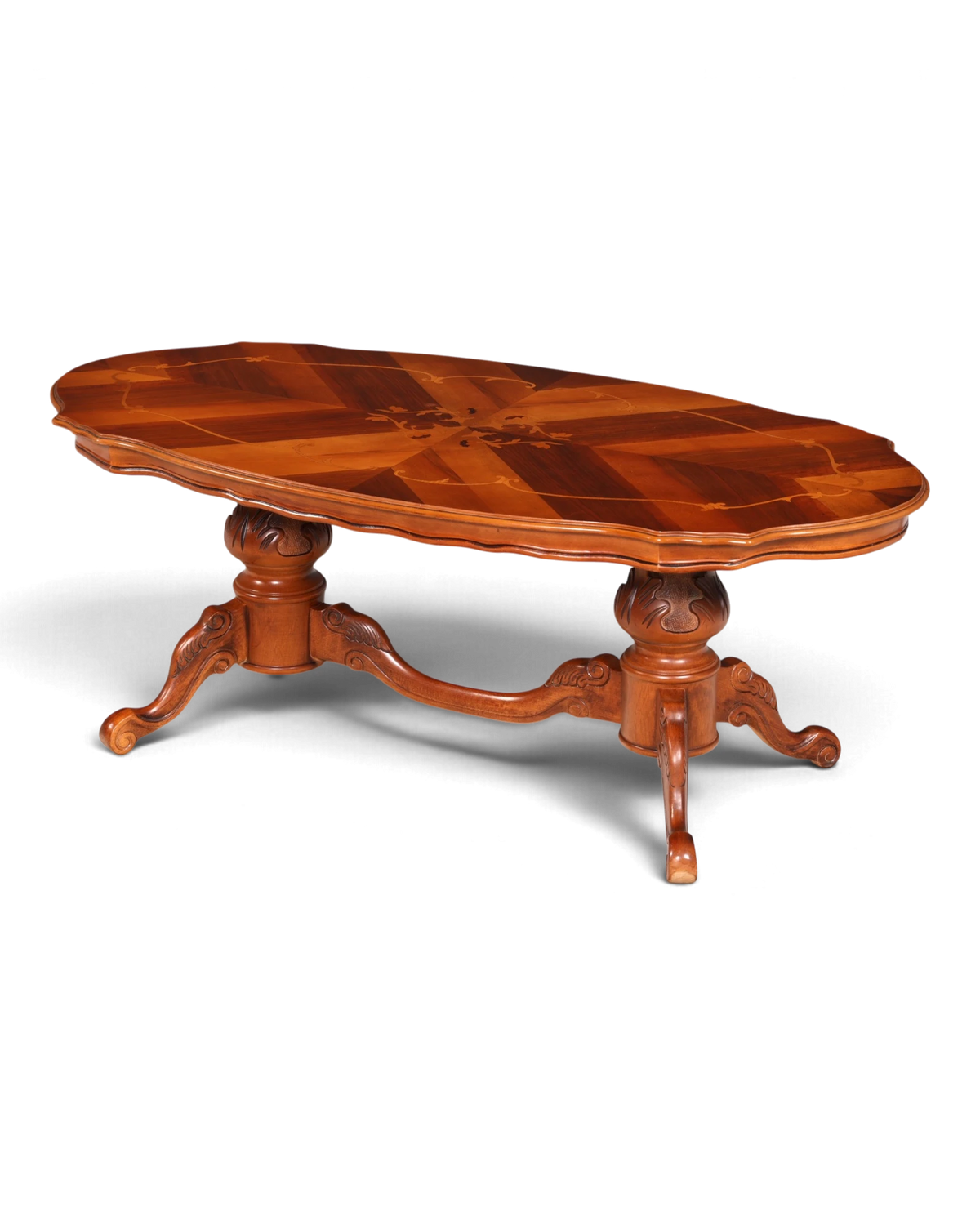 Magnifique table basse ovale de style baroque, marquetée, sculptée, en bois massif, table de salon