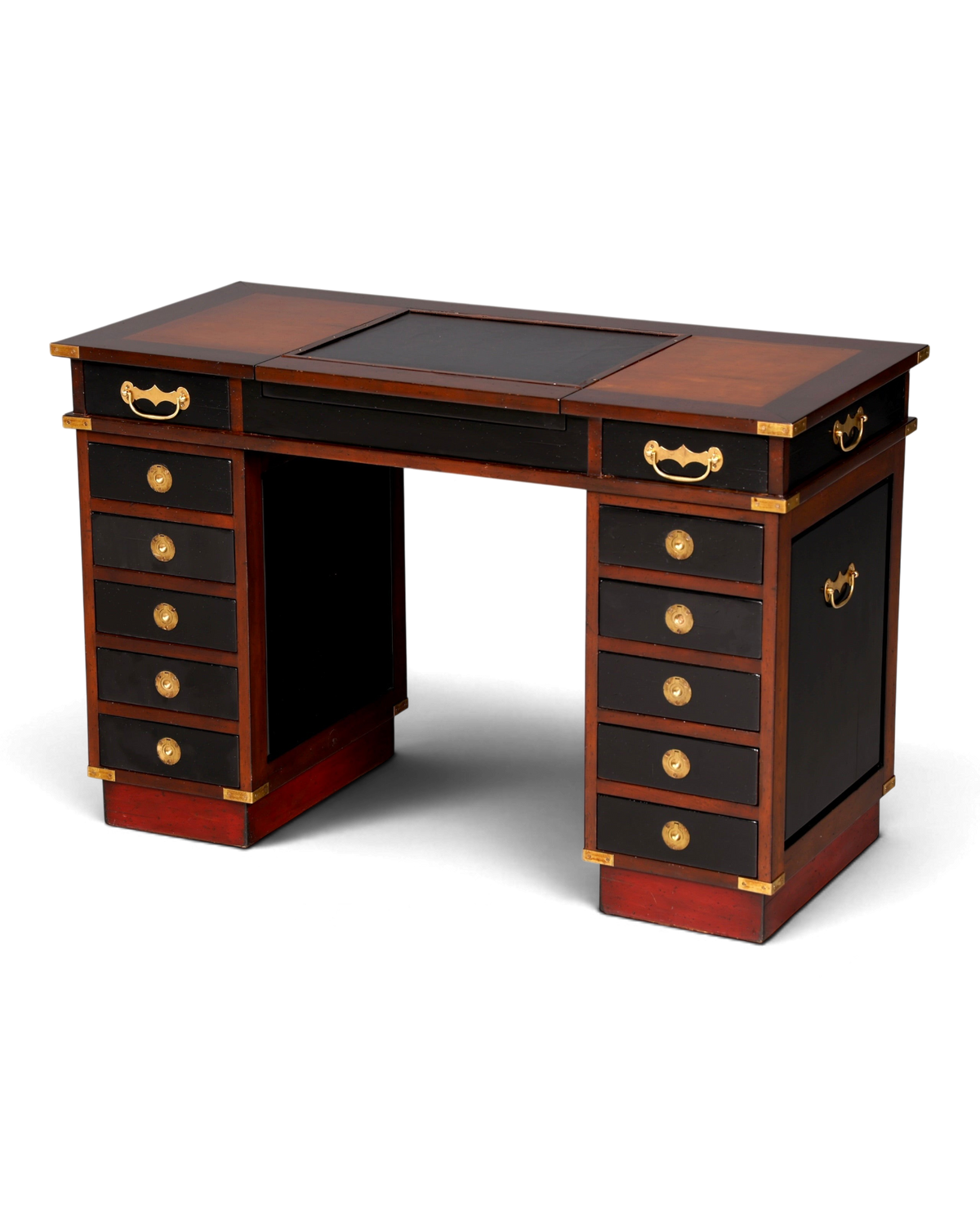 Hauptstadt Möblerei maritimer Schreibtisch im Military Chest Stil aus Holz mit schwarzer Lederauflage und Messing
