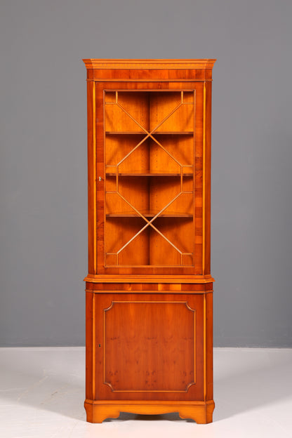 Magnifique vitrine d’angle anglaise en if, meuble d’angle avec vitrine en verre, antique, en bois véritable, vintage