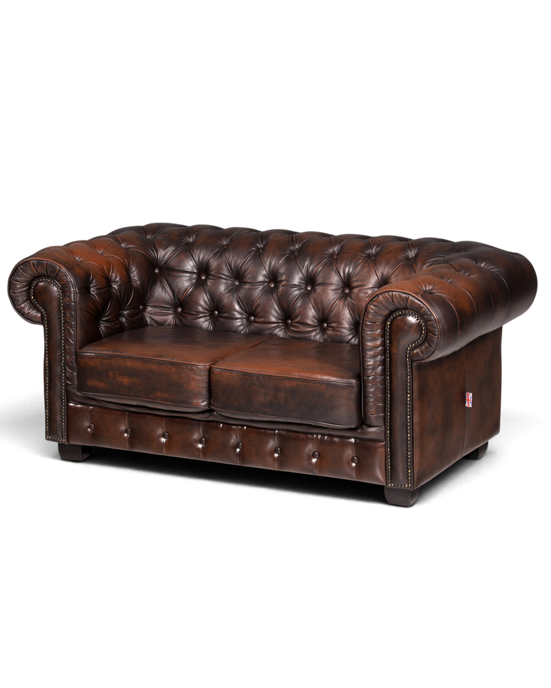 Hauptstadt Möblerei Chesterfield 2-Sitzer Sofa aus braunem Echtleder mit klassischer Knopfheftung und Armlehnen