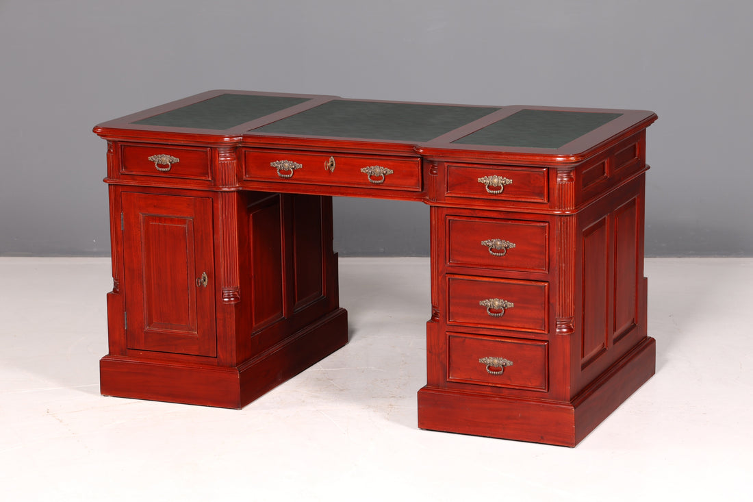 Beautiful English mahogany desk with leather inlay, office desk, partner desk, vintage antique
