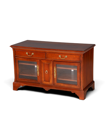 Hauptstadt Möblerei Sideboard aus dunkelbraunem Holz mit zwei Schubladen, Glastüren und goldenen Beschlägen