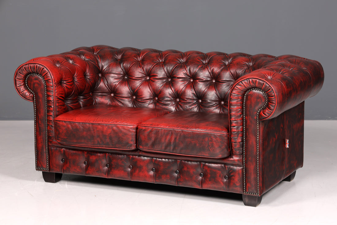 Magnifique canapé Chesterfield original 2 places, style anglais, cuir bordeaux, 2 places, 2 sur 2