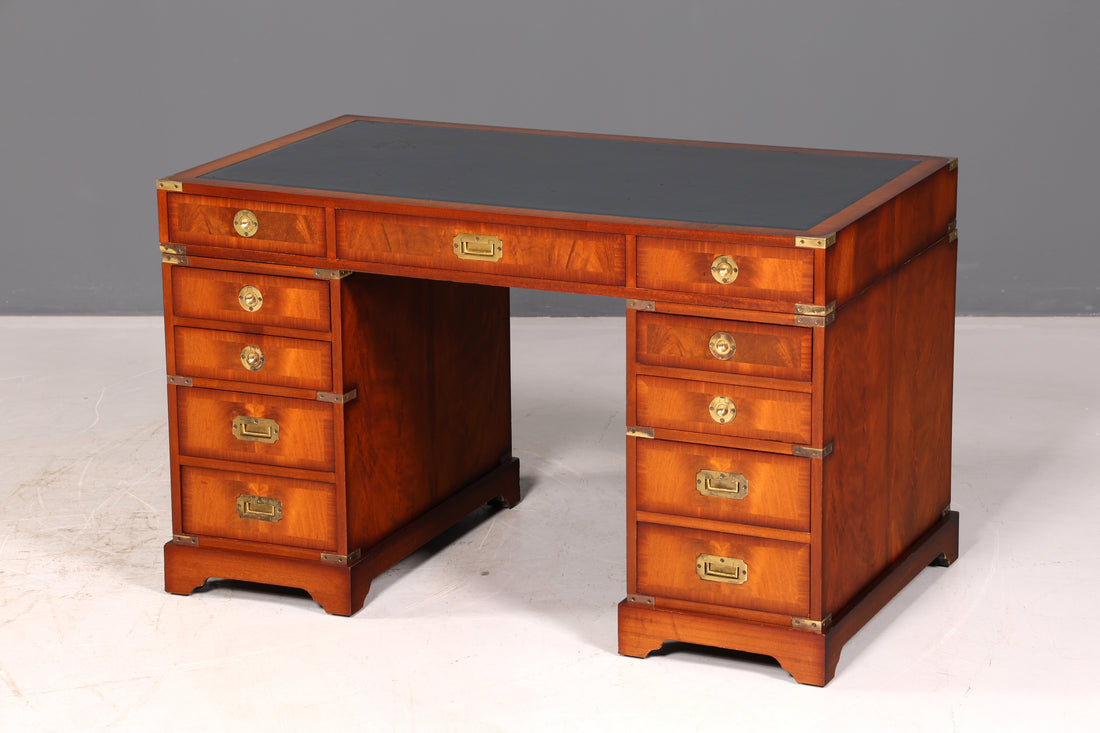 Elegant Maritime Desk, English Military Chest, Office Desk, Office Table, Genuine Leather Top, Antique, Vintage