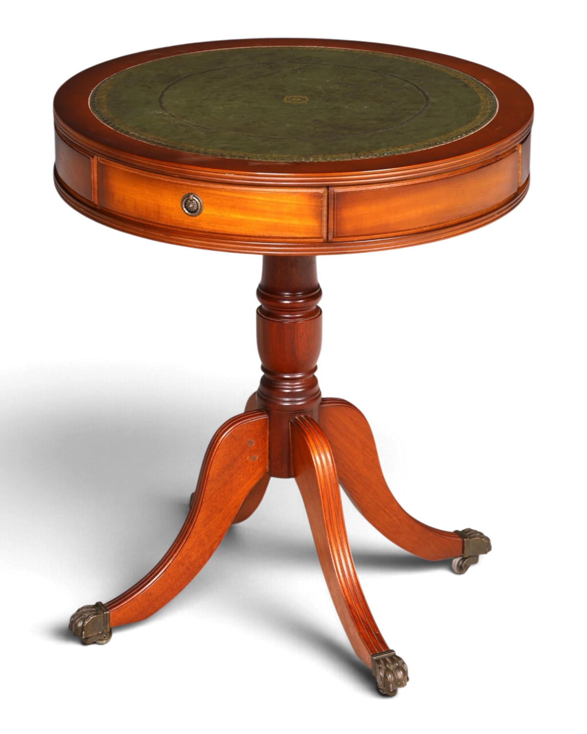 Magnifique table tambour anglaise en if, table d’appoint Drum Table, plateau en cuir, table basse vintage
