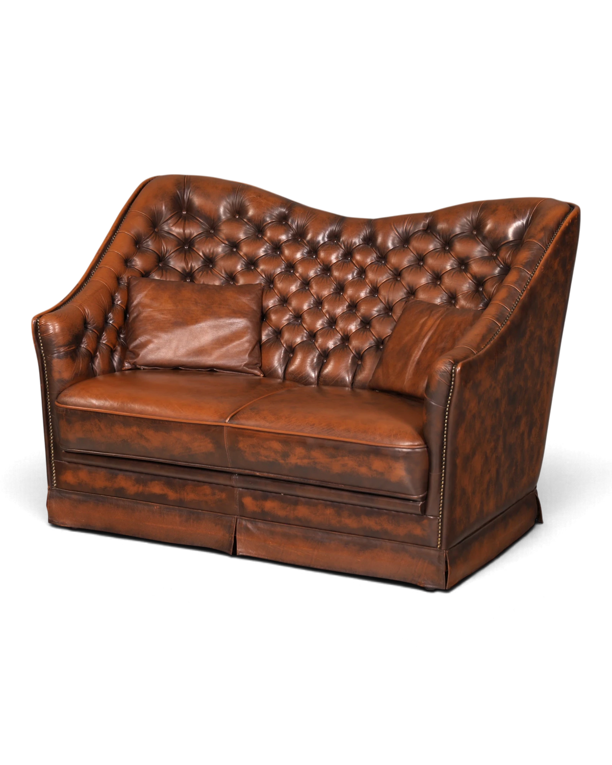 Canapé Chesterfield anglais rare 2 places en cuir véritable marron, capitonné à boutons, canapé club rembourré vintage
