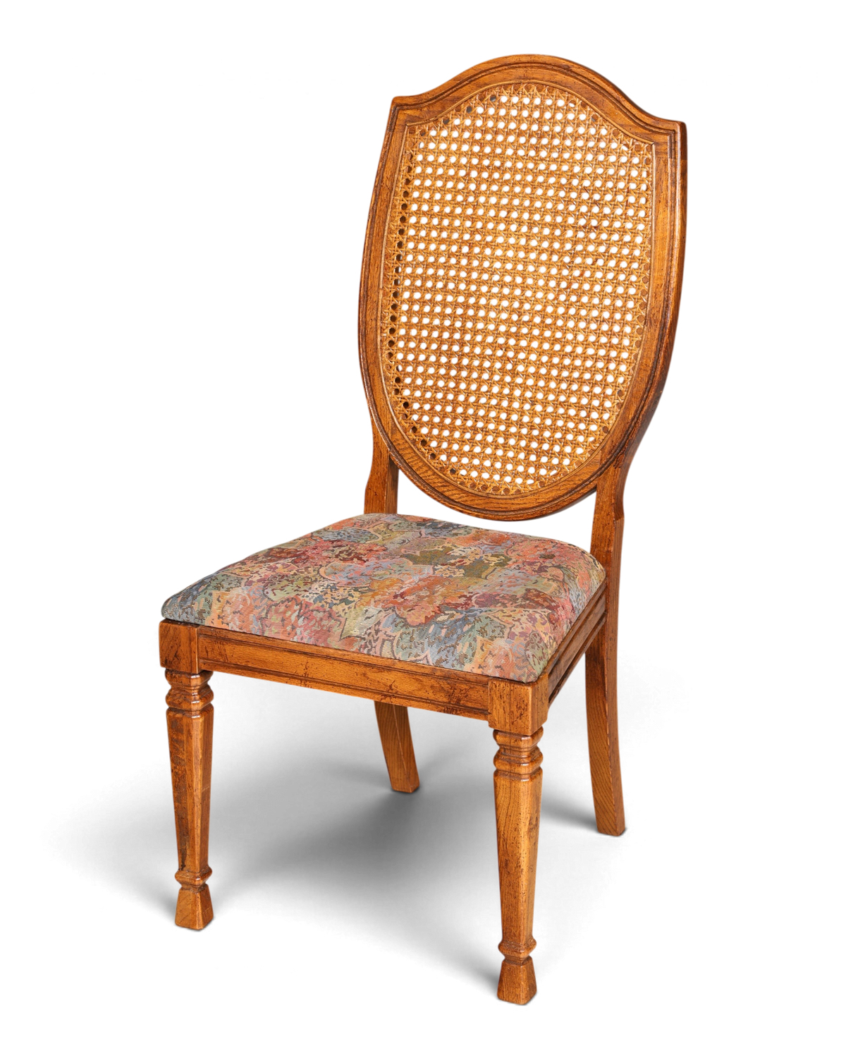 Hauptstadt Möblerei Stuhl mit Wiener Geflecht Rückenlehne und buntem Polstersitz aus Holz im Vintage-Stil